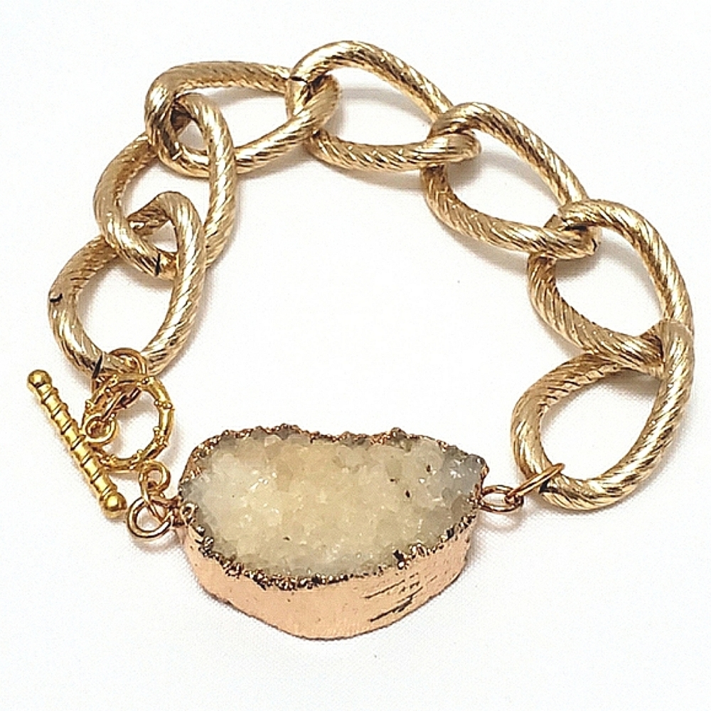 Bracelet Druzy Quartz Gold Large LinksSizr 8' inch